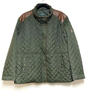 Lauren Ralph Lauren Faux Leather Trim Equestrian Olive Quilted Coat Olive Sz 2X